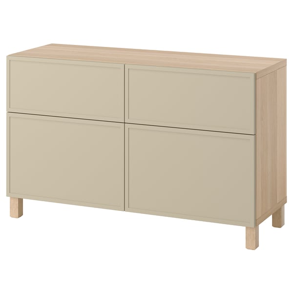 BESTÅ Storage combination w doors/drawers, white stained oak effect/Krukmakare beige, 120x42x74 cm