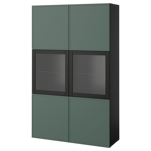BESTÅ Storage combination w glass doors, black-brown/Krukmakare dark grey-green, 120x42x193 cm