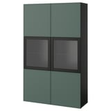 BESTÅ Storage combination w glass doors, black-brown/Krukmakare dark grey-green, 120x42x193 cm