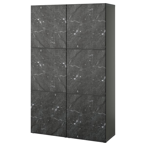 BESTÅ Storage combination with doors, dark grey Bergsviken/black marble effect, 120x42x193 cm