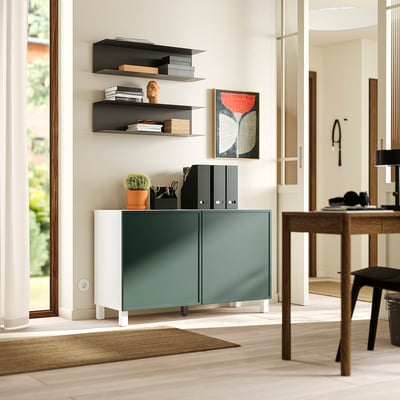 BESTÅ Storage combination with doors, Krukmakare dark grey-green/Stubbarp white, 120x42x74 cm