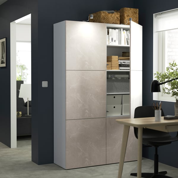 BESTÅ Storage combination with doors, white Bergsviken/beige marble effect, 120x42x193 cm