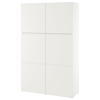 White BESTÅ storage unit with six doors, sleek and modern design. Made from particleboard and plastic with adjustable shelves.