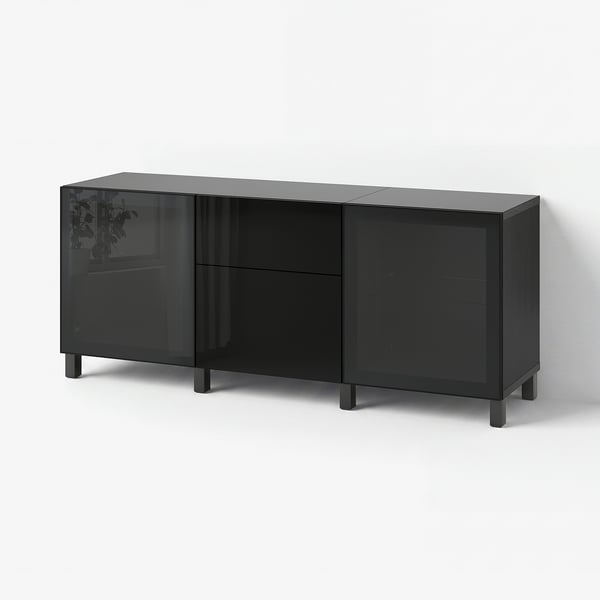 BESTÅ Storage combination with drawers, black-brown/Selsviken/Stubbarp high-gloss/black smoked glass, 180x42x74 cm