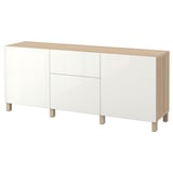 BESTÅ Storage combination with drawers, white stained oak effect/Selsviken/Stubbarp high-gloss/white, 180x42x74 cm