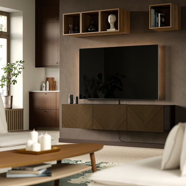 BESTÅ TV bench with doors, black-brown Hedeviken/brown stained oak veneer, 180x42x38 cm
