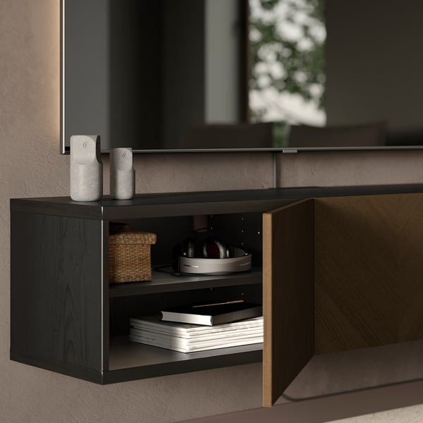 BESTÅ TV bench with doors, black-brown Hedeviken/brown stained oak veneer, 180x42x38 cm