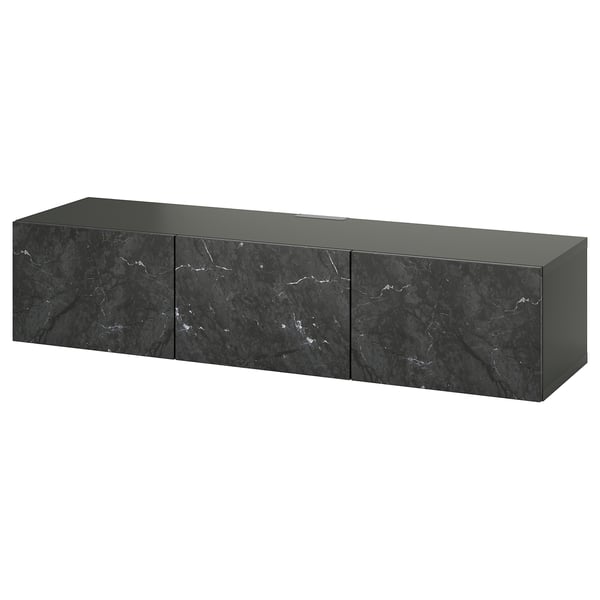 BESTÅ TV bench with doors, dark grey/Bergsviken black, 180x42x38 cm