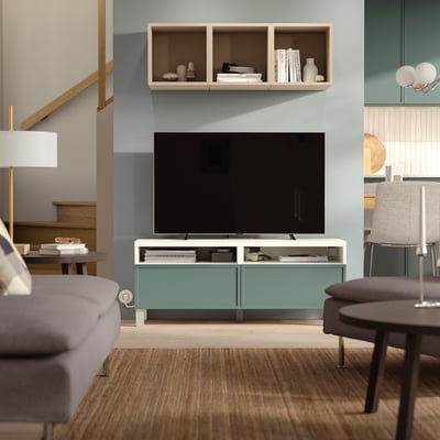 BESTÅ TV bench with drawers, white/Krukmakare dark grey-green, 120x42x48 cm