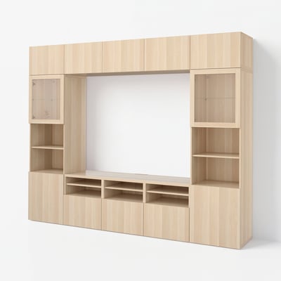 BESTÅ TV storage combination/glass doors, white stained oak effect/Lappviken white stained oak eff clear glass, 300x42x231 cm