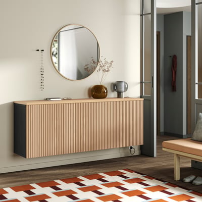 BESTÅ Wall-mounted cabinet combination, black-brown/Björköviken oak veneer, 180x42x66 cm