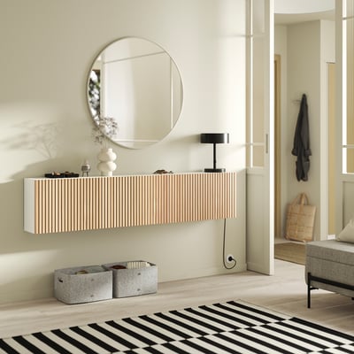 BESTÅ Wall-mounted cabinet combination, white/Björköviken oak veneer, 180x22x38 cm