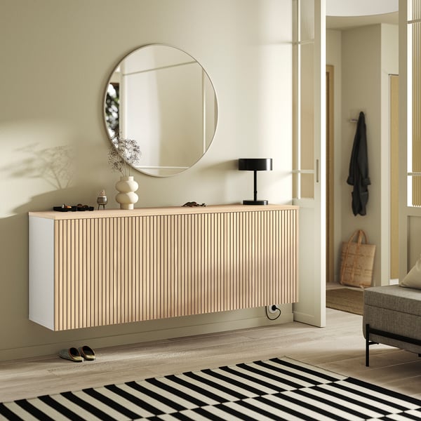 BESTÅ Wall-mounted cabinet combination, white/Björköviken oak veneer, 180x42x66 cm