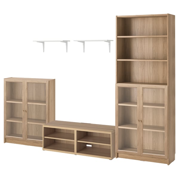 BILLY light brown furniture set: bookcase, cabinet, tv bench, wall brackets. Wood, glass, modern.