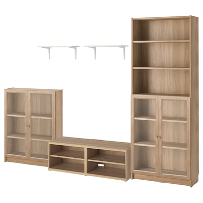BILLY light brown furniture set: bookcase, cabinet, tv bench, wall brackets. Wood, glass, modern.