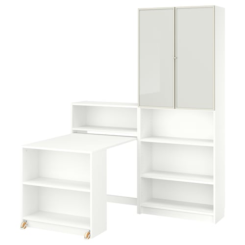 A white BILLY storage unit with open and closed compartments, a foldable table, and glass doors.