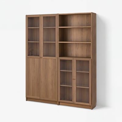 BILLY / OXBERG Bookcase comb w panel/glass doors, brown/walnut effect, 160x30x202 cm