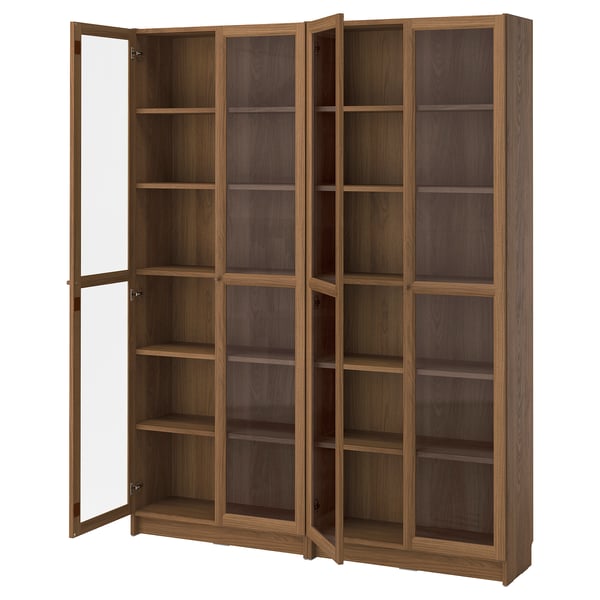 BILLY / OXBERG Bookcase combination w glass doors, brown walnut effect, 160x202 cm