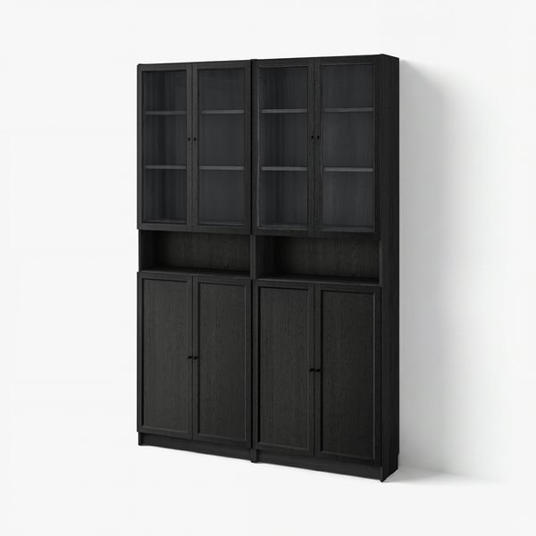 BILLY / OXBERG Bookcase w height extension ut/drs, black oak effect/clear glass, 160x30x237 cm