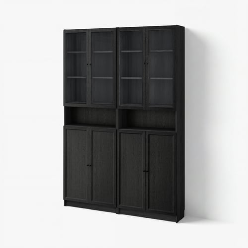 BILLY / OXBERG Bookcase w height extension ut/drs, black oak effect/clear glass, 160x30x237 cm