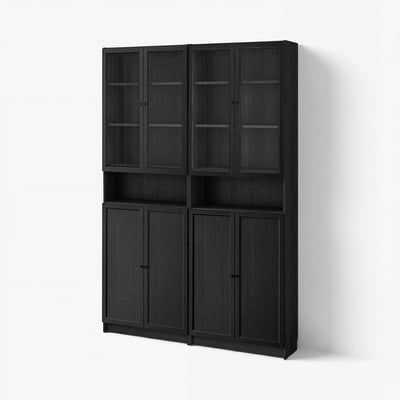 BILLY / OXBERG Bookcase w height extension ut/drs, black oak effect/clear glass, 160x30x237 cm