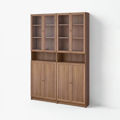 BILLY / OXBERG Bookcase w height extension ut/drs, brown walnut effect/clear glass, 160x30x237 cm