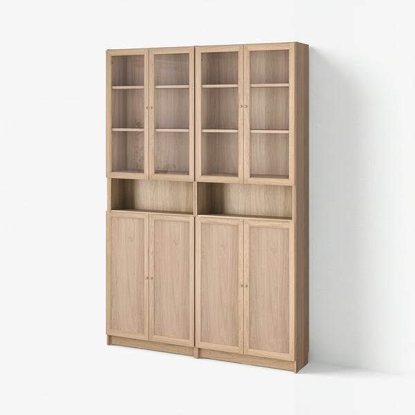 BILLY / OXBERG Bookcase w height extension ut/drs, oak effect/clear glass, 160x30x237 cm