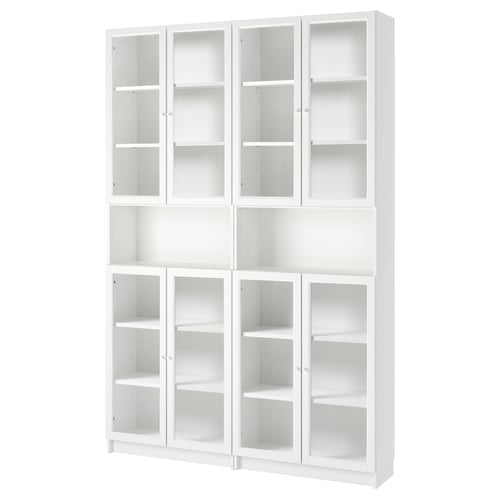 White BILLY bookcase with glass doors. Modern, minimalist storage.