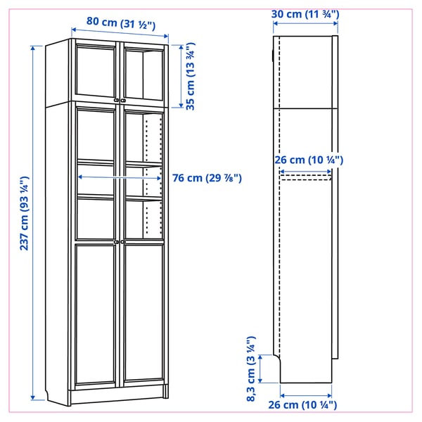 BILLY / OXBERG Bookcase w hght ext ut/pnl/glss drs, white, 80x30x237 cm