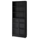 Black BILLY bookcase with glass doors, modern design, particleboard and tempered glass material, rectangular shape.