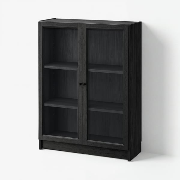 BILLY / OXBERG Bookcase with doors, black oak effect/clear glass, 80x30x106 cm