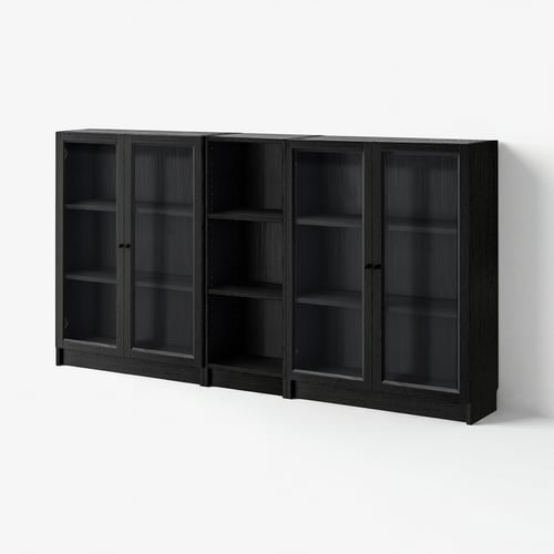 BILLY / OXBERG Bookcase with doors, black oak effect/clear glass, 200x30x106 cm