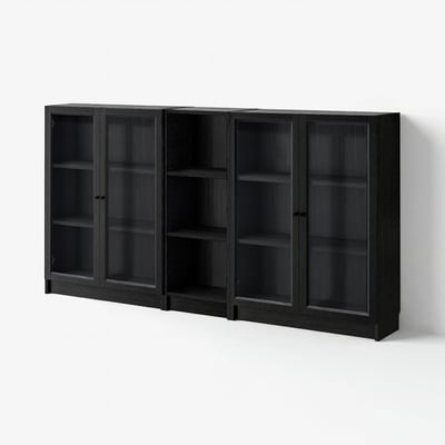 BILLY / OXBERG Bookcase with doors, black oak effect/clear glass, 200x30x106 cm