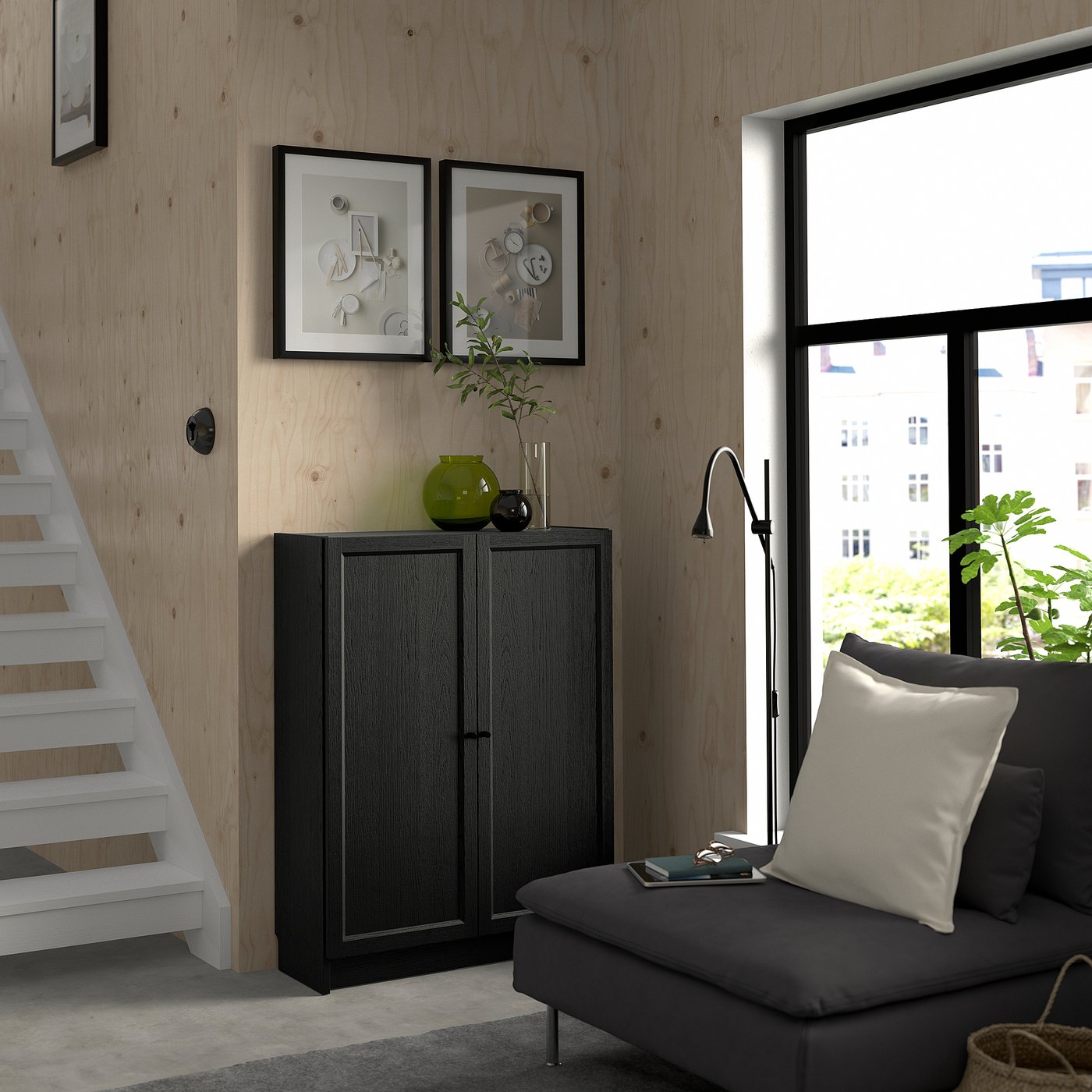 BILLY / OXBERG bookcase with doors, black oak effect, 80x30x106 cm IKEA