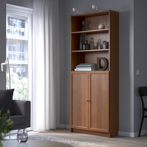 BILLY / OXBERG Bookcase with doors, brown ash veneer, 80x30x202 cm IKEA
