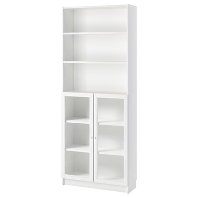 White BILLY bookcase with adjustable shelves and glass doors.
