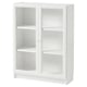 White BILLY bookcase with glass doors, rectangular shape, adjustable shelves.