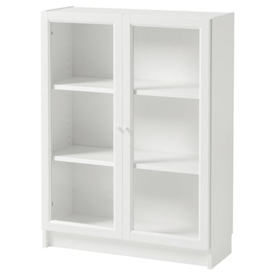 White BILLY bookcase with glass doors, rectangular shape, adjustable shelves.