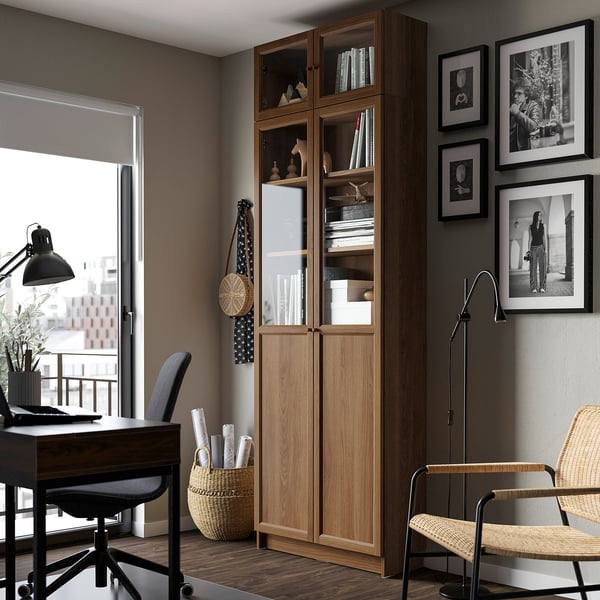 BILLY / OXBERG Bookcase with glass doors, brown walnut effect/clear glass, 80x30x237 cm