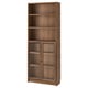This image displays a wooden BILLY bookcase in brown with glass doors, featuring multiple shelves for storage.