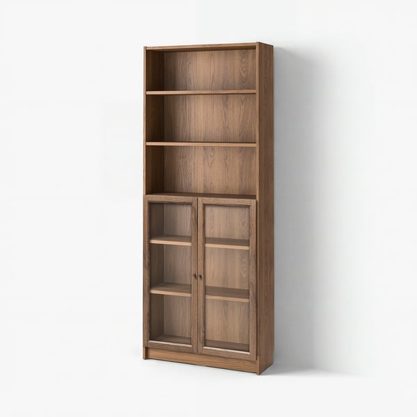BILLY / OXBERG Bookcase with glass doors, brown/walnut effect, 80x30x202 cm