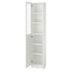 A white BILLY bookcase with glass doors, standing tall and rectangular, offering versatile storage.