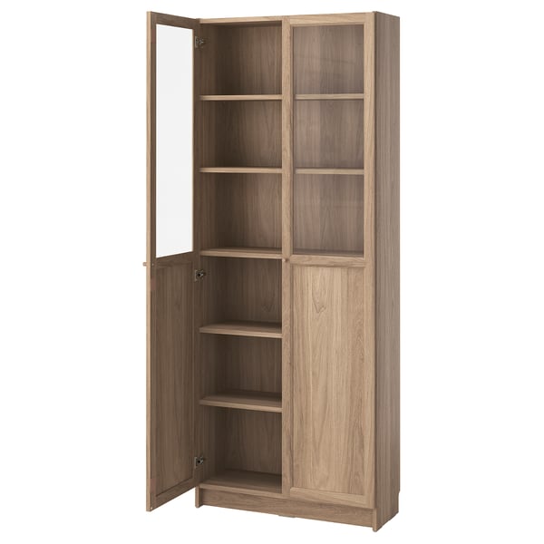 BILLY / OXBERG Bookcase with panel/glass doors, oak effect, 80x30x202 cm