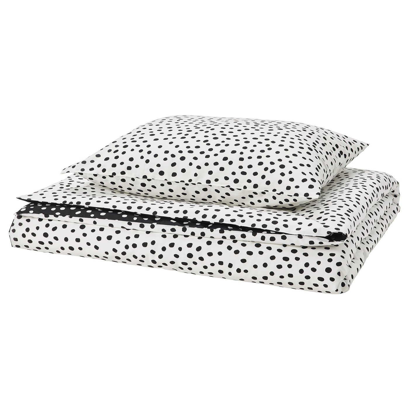 BJÖRKGRÅMAL duvet set: white with black spots, soft cotton-viscose blend, rectangular with envelope closure.