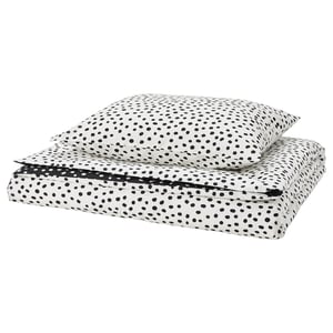BJÖRKGRÅMAL duvet set: white with black spots, soft cotton-viscose blend, rectangular with envelope closure.