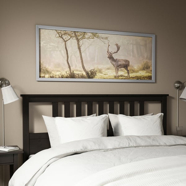 BJÖRKSTA Picture with frame, Deer in glade/aluminium-colour, 140x56 cm