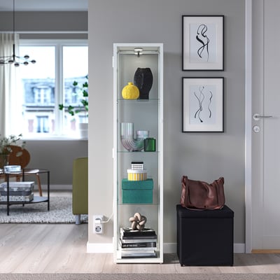 BLÅLIDEN / STRIMSÄV Glass-door cabinet with lighting, white