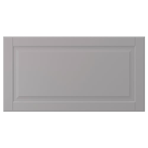 A grey BODBYN cabinet door with bevelled edges, made of fiberboard and painted with a smooth lacquered finish.