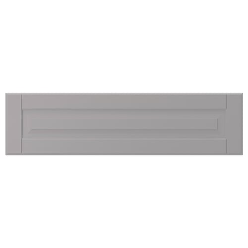 A grey, rectangular cabinet door with a central bevelled panel, made of fibreboard. The design is simple and traditional.