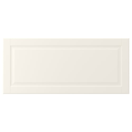 An off-white, bevelled edges cabinet door from the BODBYN series, made of fiberboard with a smooth lacquered finish.